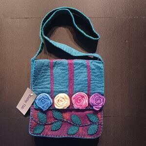 Rising Tide Nepal Felted Wool Blue & Purple Rose & Vine Handmade Messenger Bag